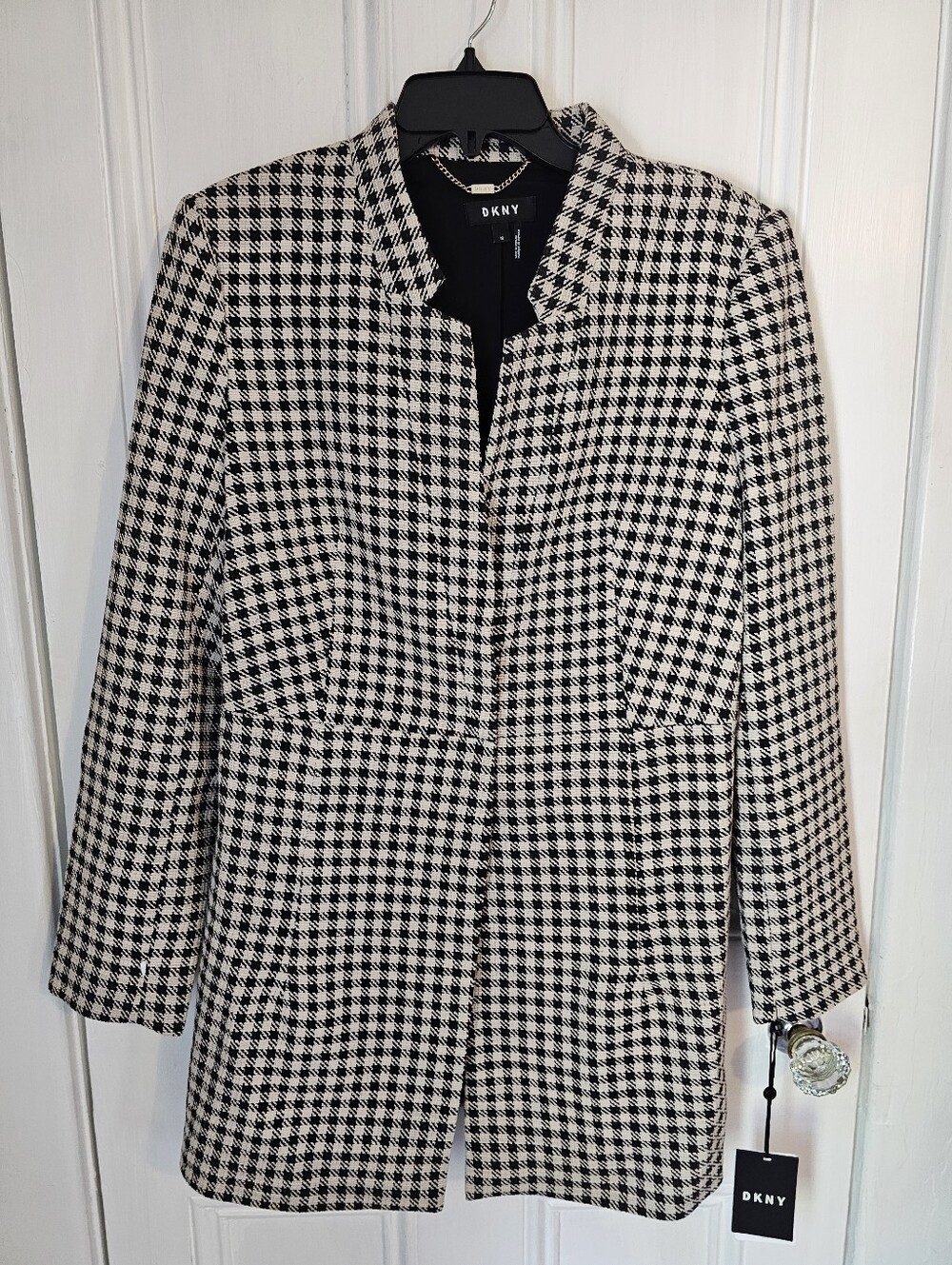 NWT DKNY Womens 12 Dark Arts Long Houndstooth Lined Black Blazer Fitted